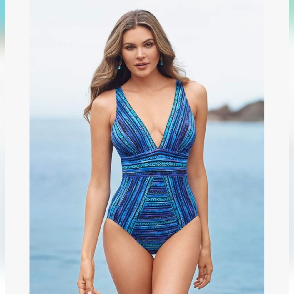 NWT MIRACLESUIT VERANDA SANSKRIT Blue Striped Women's Swimsuit 12